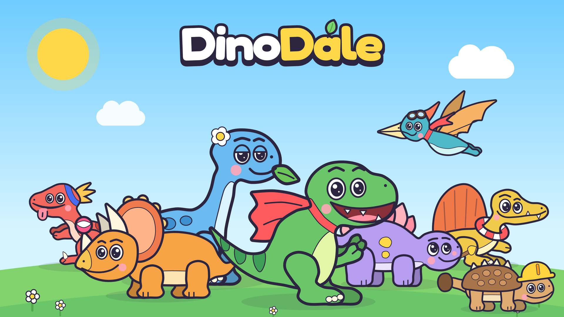 The DinoDale logo above eight cartoon dinosaurs standing together on a green hill under a blue sky.