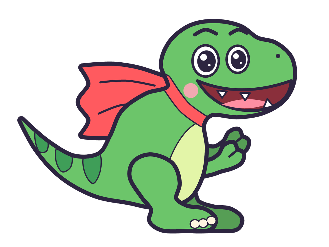 Rex, a small green T. rex in a red cape, waving and grinning with one tooth poking out.